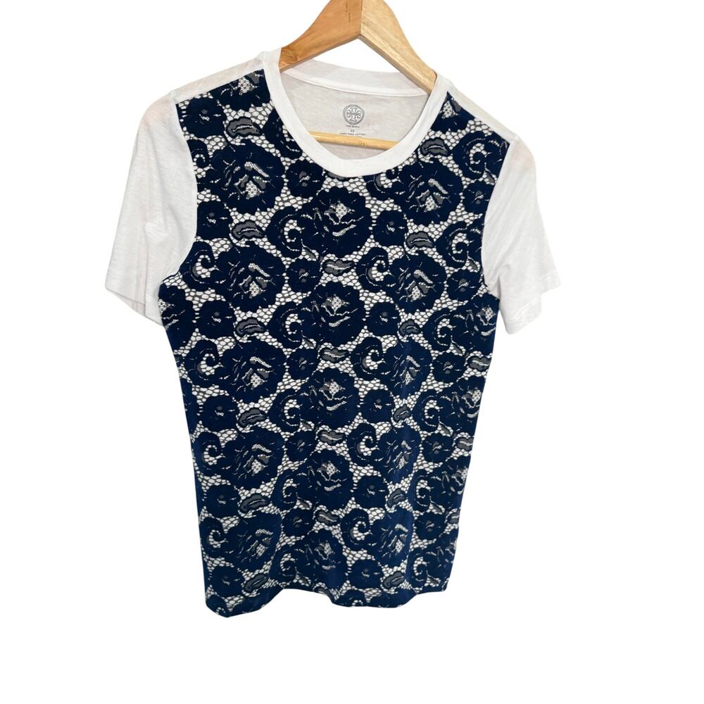 Tory Burch Blue Velvet Lace Design White Pima Cotton Tee XS